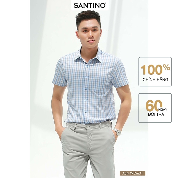 Áo sơ mi nam tay ngắn hoạ tiết Santino chất liệu sợi tre chống tia UV dáng slim tà ngang sang trọng ASN495S601