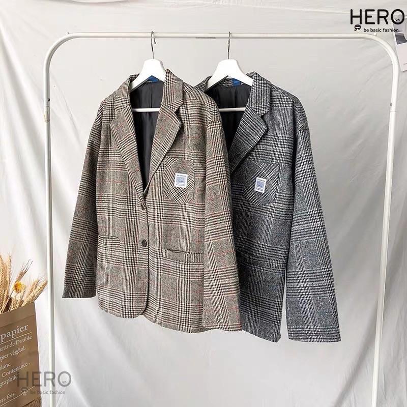 Áo Blazer Caro Form Rông Dài Tay BZ09, Áo Khoác Vest Blazer Học Sinh Hàn Quốc Nam Nữ Thời Trang HERO