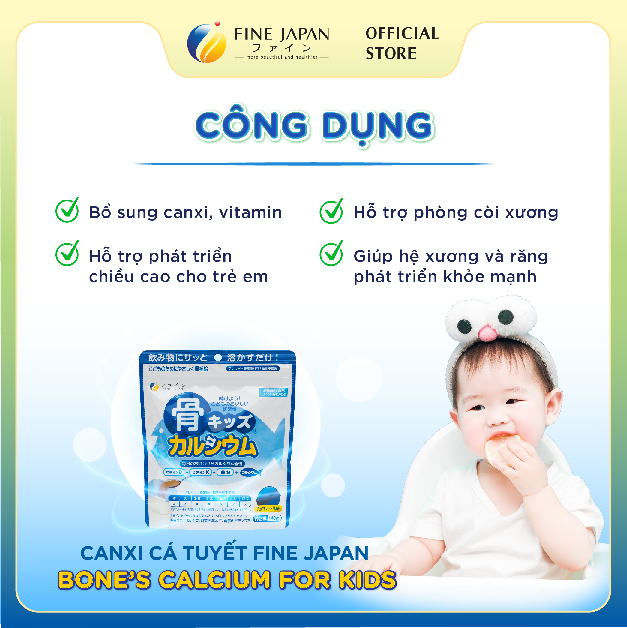 Bột Canxi Cá Tuyết Fine Bone's Calcium For Kids Gói 140G Bổ Sung Canxi Phát Triển Chiều Cao