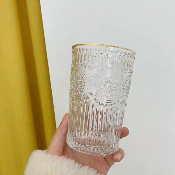 CỐC UỐNG NƯỚC THỦY TINH CHỊU NHIỆT CAO CẤP HOA VĂN TRÒN NỔI VIỀN VÀNG - VD722