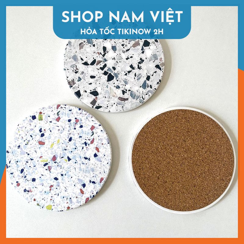 Miếng Lót Ly Họa Tiết Terrazzo, Đế Lót Đá Xốp Diatomite Siêu Thấm Hút