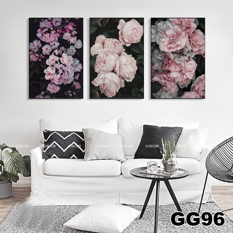 Tranh treo tường canvas 3 bức phong cách hiện đại Bắc Âu 60, tranh hoa hồng trang trí phòng khách, phòng ngủ, phòng ăn
