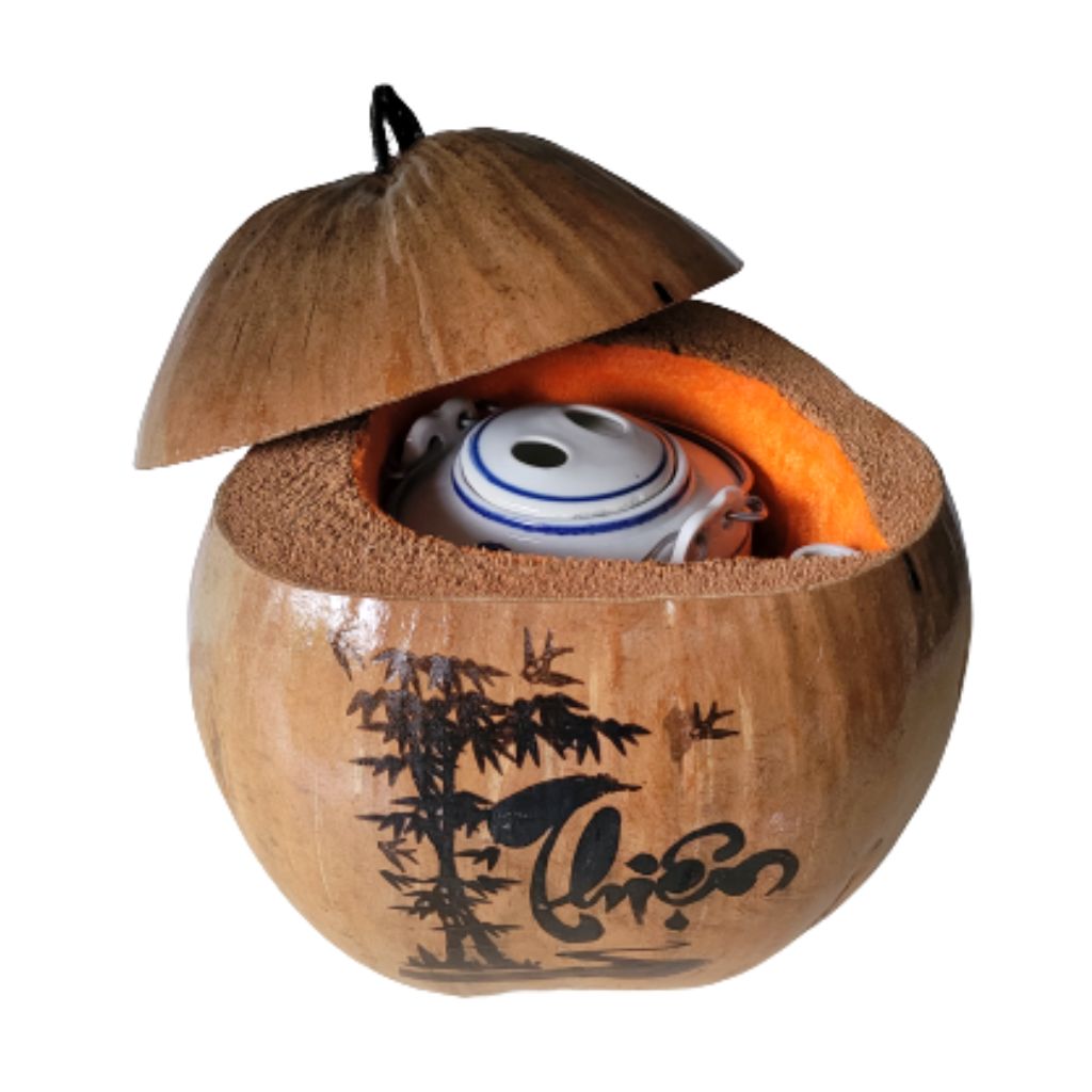Bộ Bình Trà Trái Dừa Hoa Văn Lồng Chữ "Đức"; Chữ "Duyên"; Chữ "Thiền"; Chữ "Thiện" - Bình Trà 500 - 1000ml