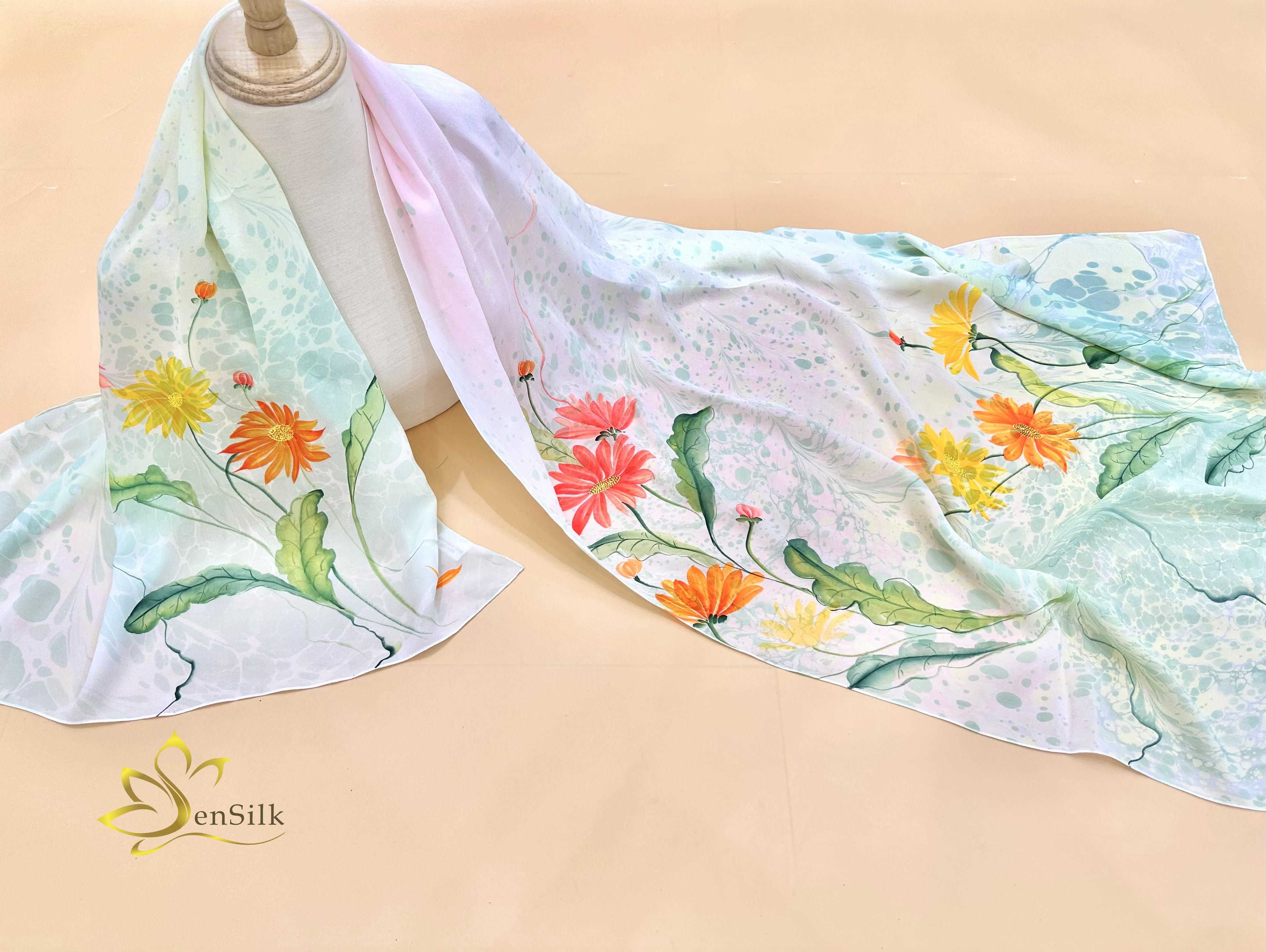 Khăn Thuỷ Ấn Vẽ Tay SenSilk Hoa Đồng Tiền - Silk Shawl Water Marbled Hand Painted - Quà Tặng Đối Tác - Vietnam Silk Gift