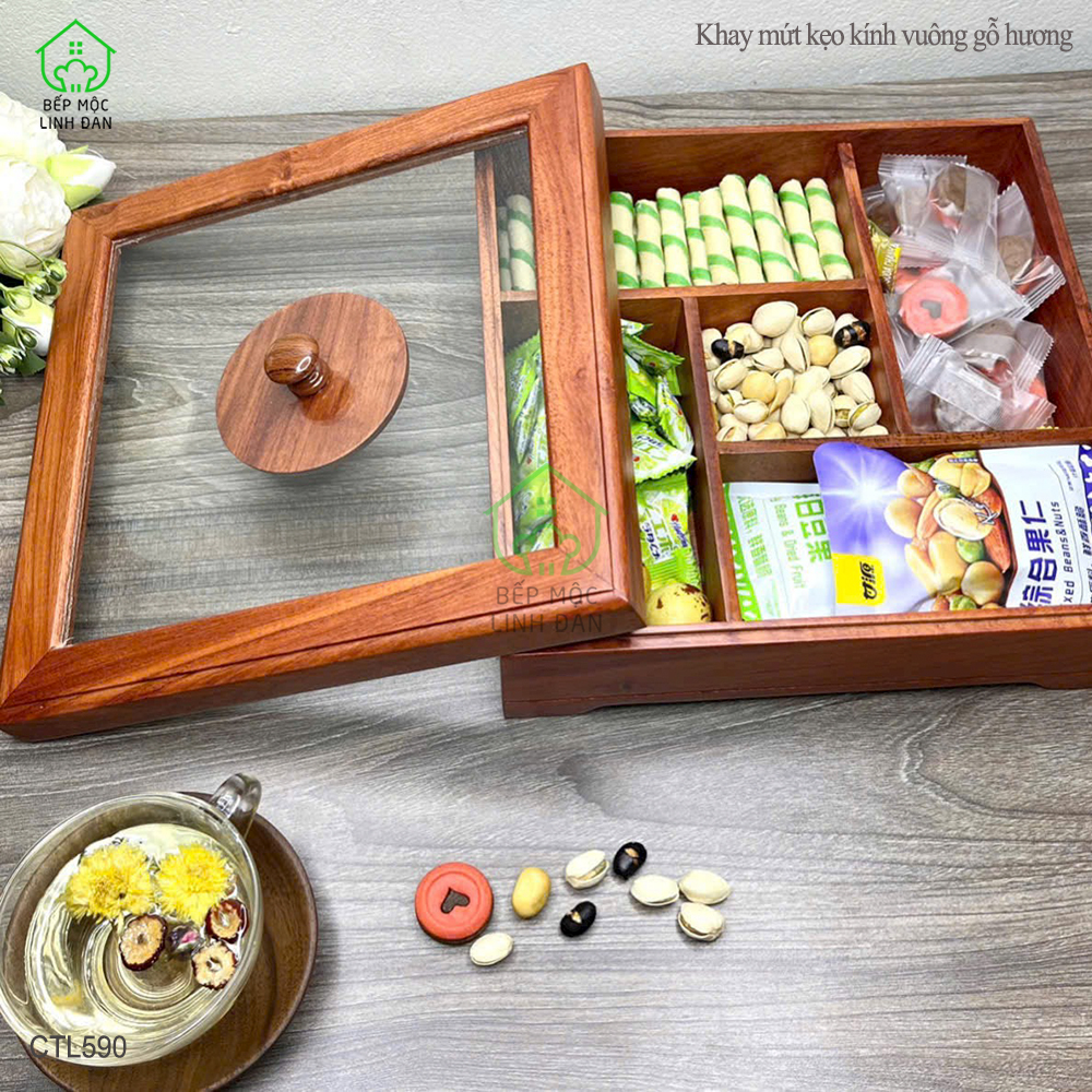 Khay gỗ Hương đựng bánh kẹo, mứt Tết - Hình vuông nắp kính cỡ lớn, mẫu mới nhất - CTL590