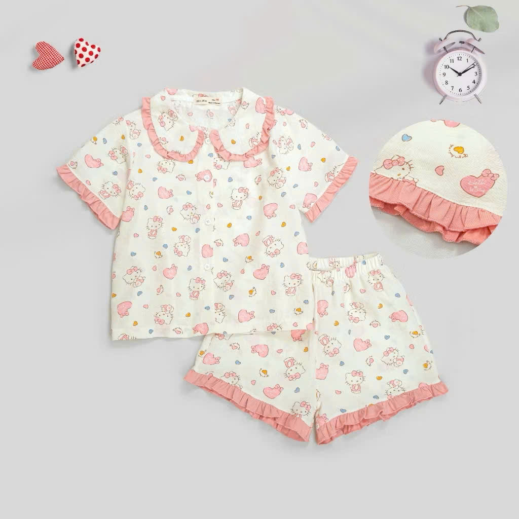 BỘ PYJAMA BÉ GÁI CHẬT ĐŨI COTTON MỀM MẠI VỚI HOẠ TIẾT GẤU, KITTY DỄ THƯƠNG TỪ 12-50KG CHO BÉ GÁI