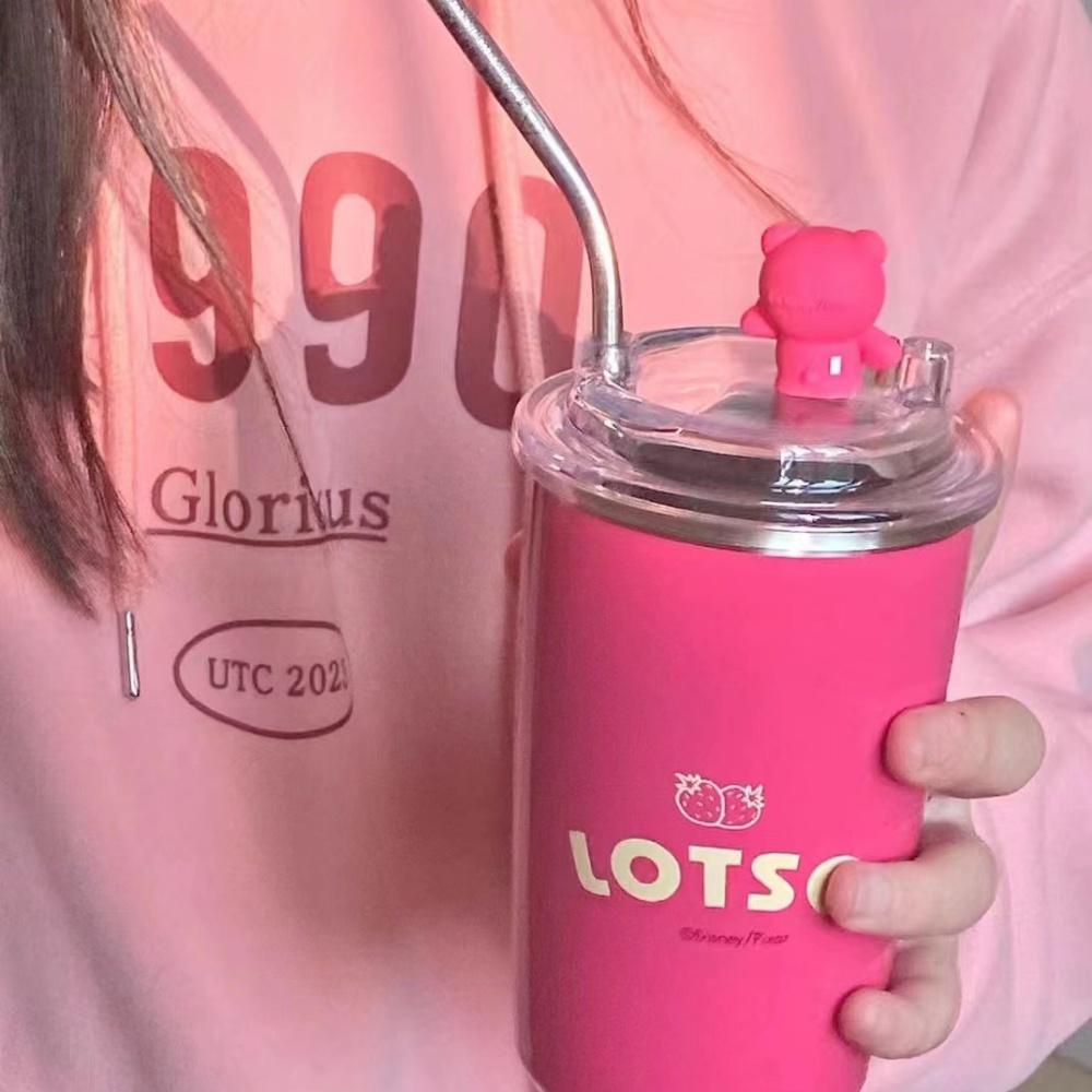 Ly giữ nhiệt gấu dâu Lotso, cốc uống nước giữ nhiệt có tặng kèm ống hút dung tích 450ml chất liệu inox không thấm mồ hôi