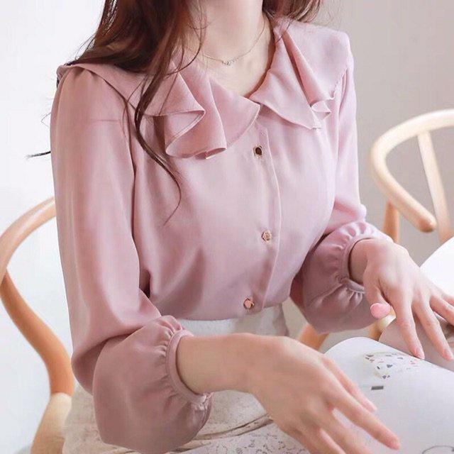 Áo sơ mi nữ công sở thời trang SURI lụa màu Hồng nữ tính,cổ 1 lá tròn,tay dài bo phồng rất dịu dàng
