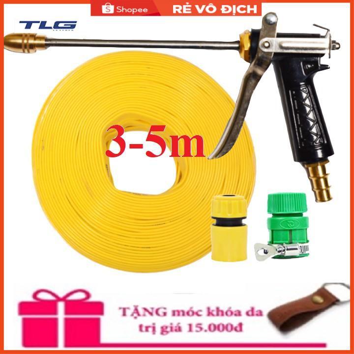 Bộ dây vòi xịt nước rửa xe, tưới cây . tăng áp 3 lần,loại 3m,5m 206318 đầu đồng,cút,nối nhựa vàng+ tặng móc khoá