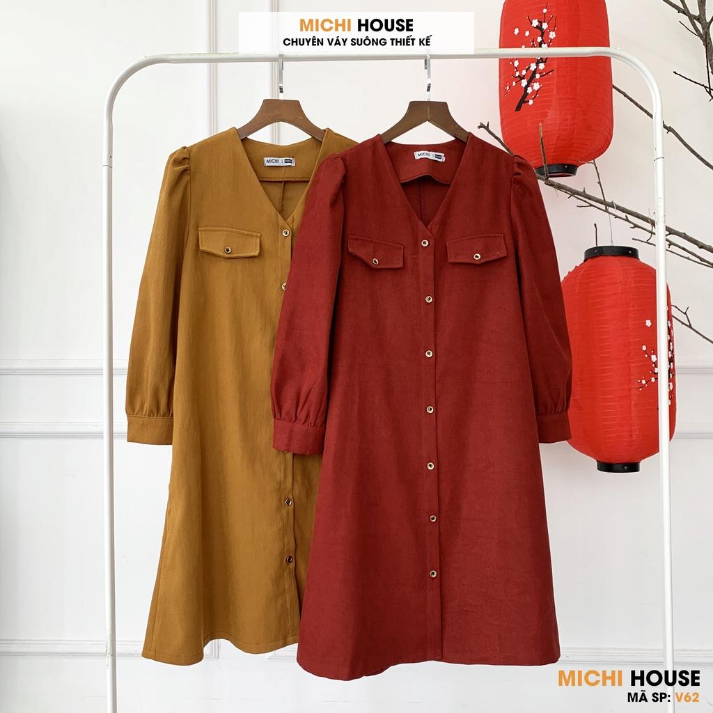 Đầm Suông Nhung Dài Tay MICHI House V62 Váy Xuông Thiết Kế Cổ V Cài Cúc Dễ Mặc