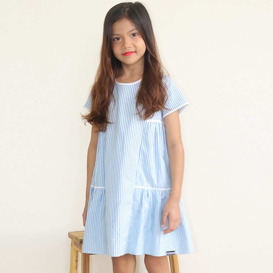 Đầm Bé Gái Kika Kẻ Xanh Blue Phối Viền Trắng K126 - Size 110