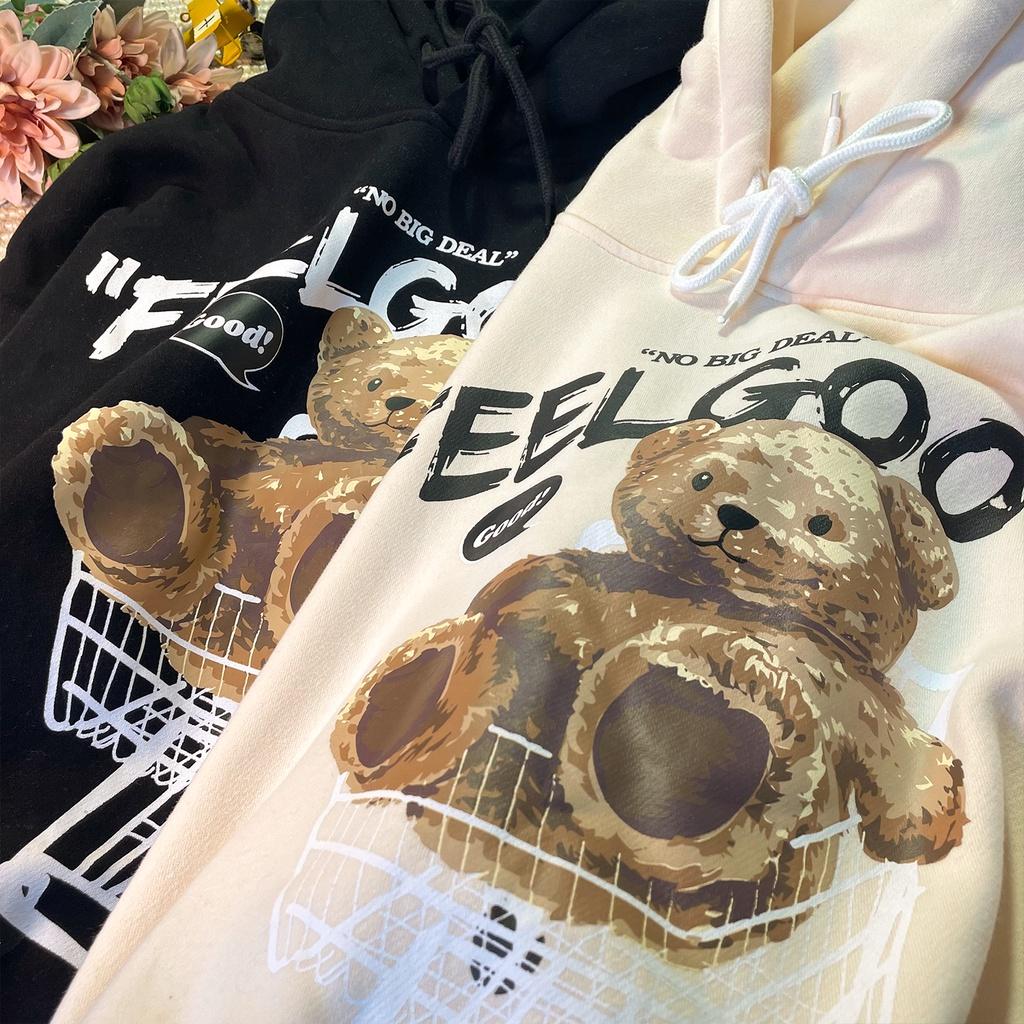 ÁO KHOÁC HOODIE NAM NỮ FORM RỘNG TAY PHỒNG MÀU BE VẢI NỈ DÀY MỊN, ÁO HOODIE UNISEX IN GẤU FEELGOOD