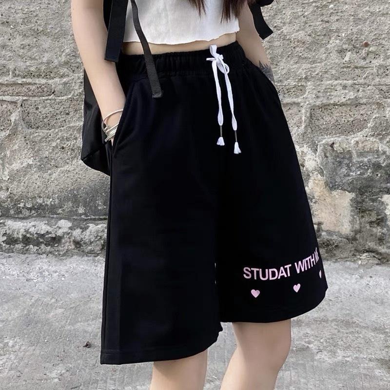 Quần đùi thụng chữ tim hồng quần short ngố lửng ulzzang nam nữ unisex phong cách Hàn Quốc