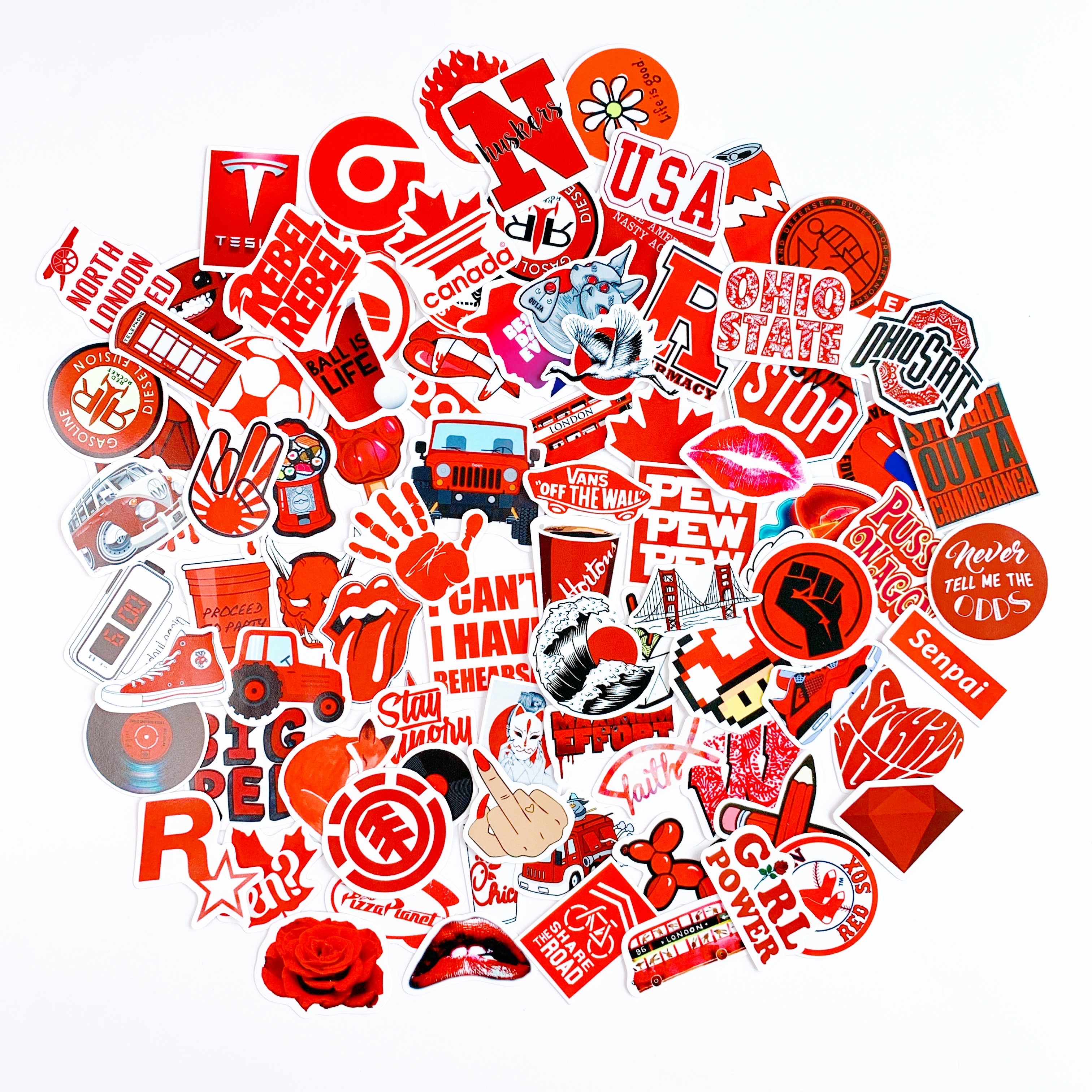 Sticker Màu Đỏ Red Ngẫu Nhiên - Chất Liệu PVC Chất Lượng Cao Chống Nước - Kích Thước 4-8cm