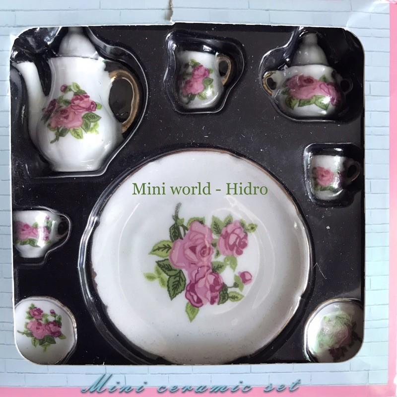 Bộ ấm chén mini trang trí nhà búp bê. Bộ ấm trà mini. Miniature. Bộ tách trà bằng sứ mini