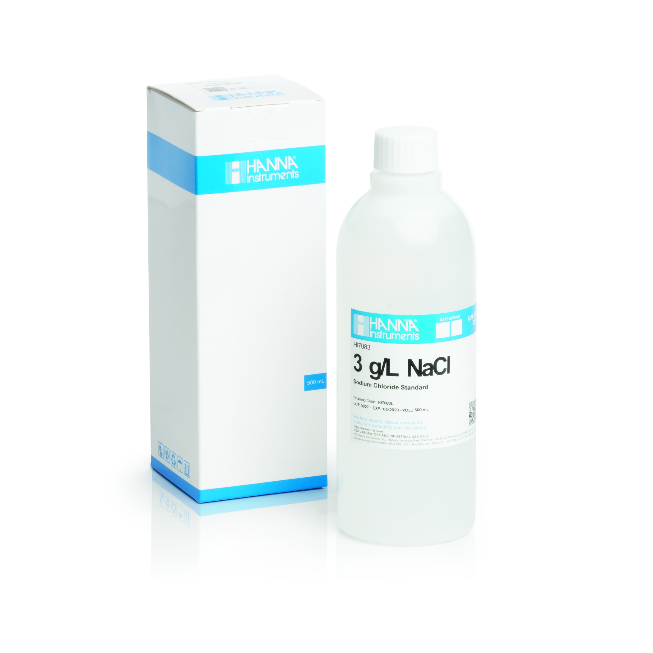 Dung Dịch Chuẩn Độ Mặn Natri clorua 3.0 g/L NaCl Để Kiểm Tra Hoặc Hiệu Chuẩn Bất Kỳ Máy Đo độ mặn nào tại điểm 3.0 g/L, 500mL, HANNA HI7083L - Kèm COA và MSDS