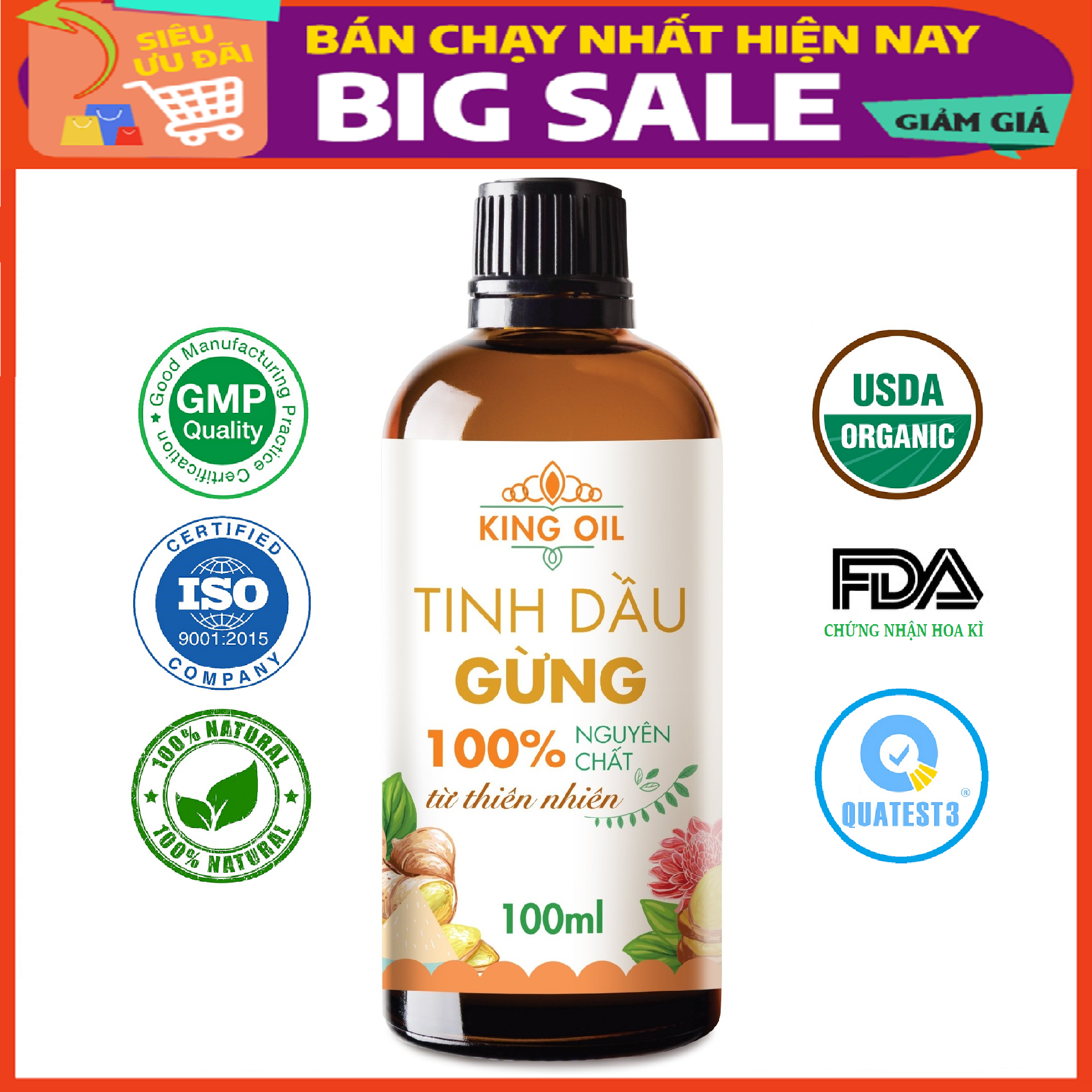 Tinh dầu Gừng 100ml nguyên chất từ thiên nhiên, Thơm Phòng, Khử Mùi, Kháng Khuẩn, Đuổi Muỗi - KingOil 