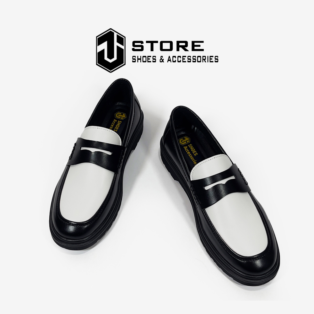 Giày Penny Loafer Black White Da Nguyên Tấm J1, Giày Lười Da Nam Sơn Tùng Đế Cao Su Đúc Nguyên Khối