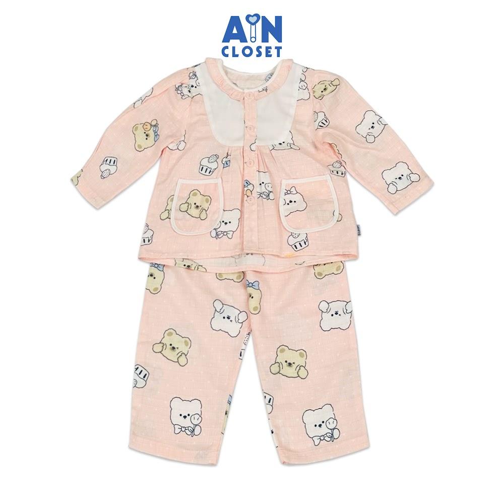 Bộ quần áo Dài bé gái họa tiết Gấu Grizzly &amp; Ice Bear nền hồng xô sợi tre - AICDBGTQDPXG - AIN Closet