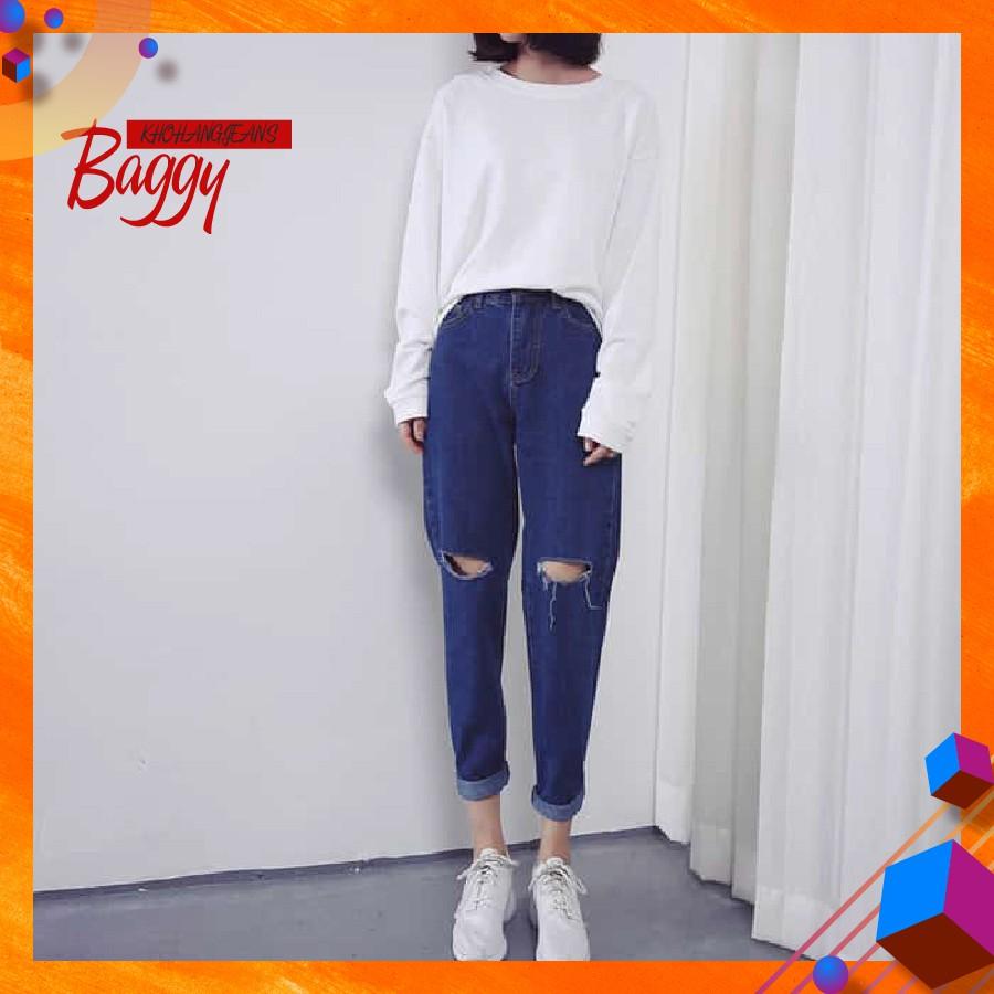 Quần Baggy Rách 2 Gối Xanh Sáng/Xanh Đậm - Đứng Form