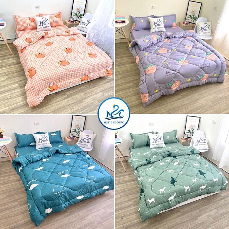 Bộ chăn ga gối Cotton poly M2T Bedding, chăn phao siêu nhẹ dày ấm họa tiết drap mền đáng yêu