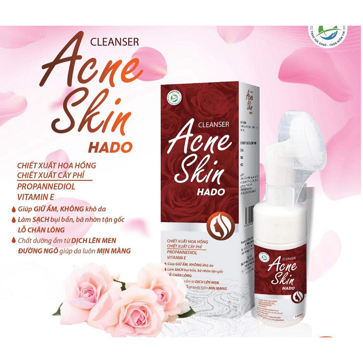 SỮA RỬA MẶT ĐẦU SILICON TẠO BỌT ACNE SKIN HADO - ĐẦU SILICON MASSAGE LÀM SẠCH SÂU - CHIẾT XUẤT TỪ HOA HỒNG VÀ CÂY PHỈ - GIÚP DA MẶT SÁNG BÓNG - HẠN CHẾ MỤN PHÁT TRIỂN