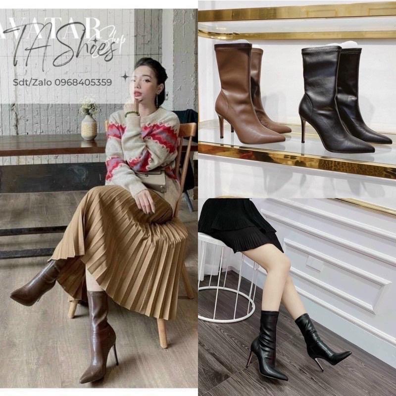 Bốt đùi nữ da lì (Loại 1), Boot n ữ đùi lửng dưới gối gót nhọn 8-9cm 2 màu đen và nâu hàng Fullbox Bigfree CAO CẤP