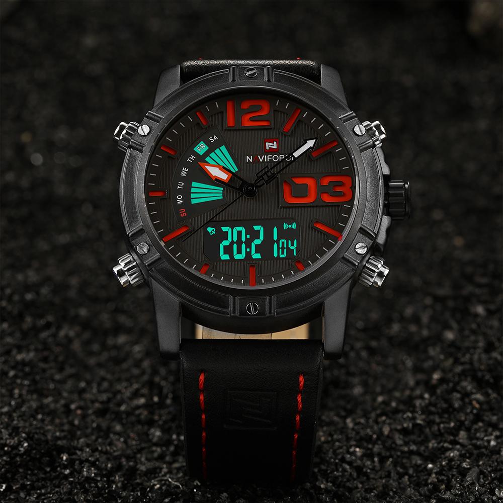 Đồng hồ đeo tay bằng da NAVIFORCE Màn hình kép mới , có đèn nền Chống nước