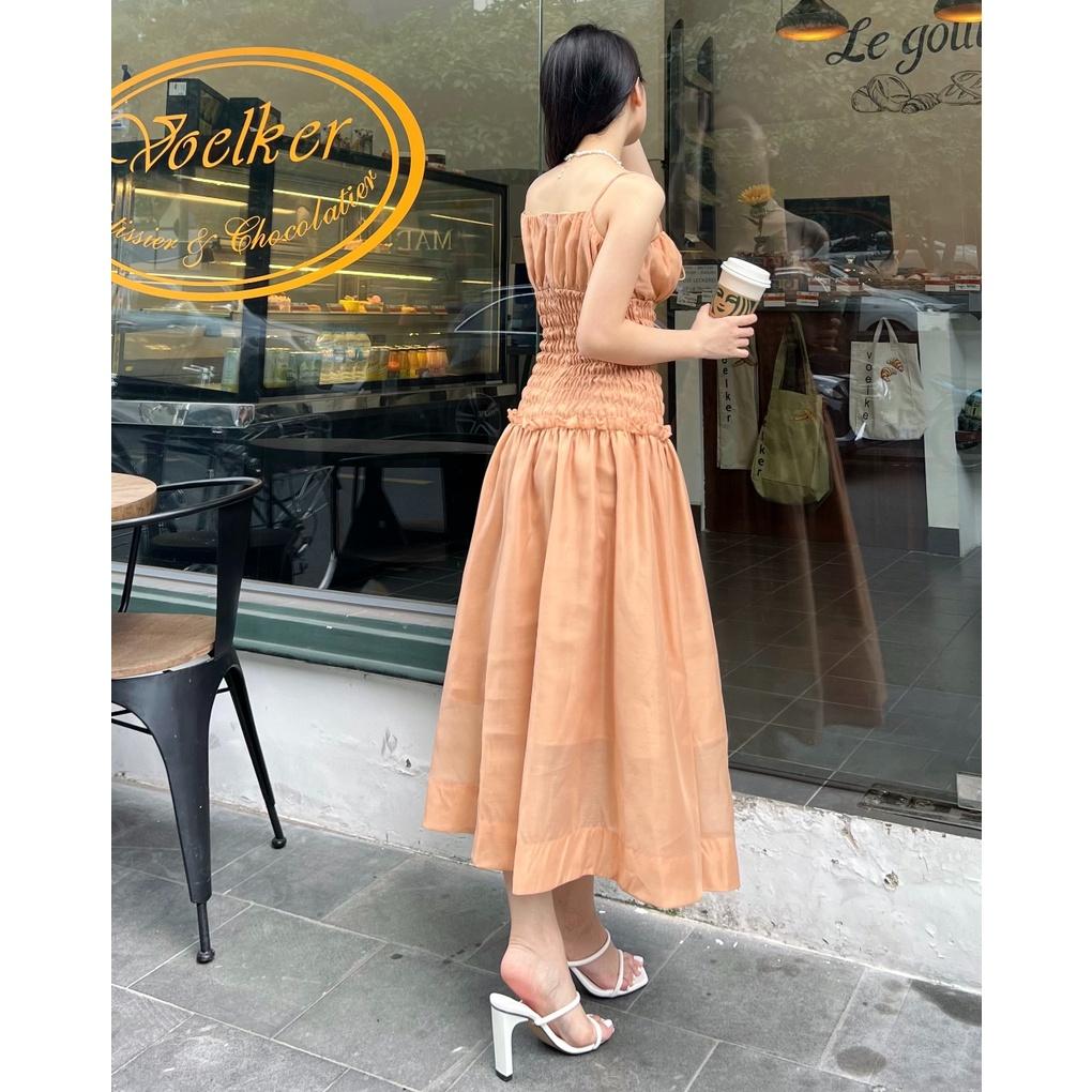 KIOBI - Đầm Moonlight form midi 2 dây ôm ngực, hạ eo nhún thun smocking, tùng xòe, vải organza tơ caramel - KID225169CRM