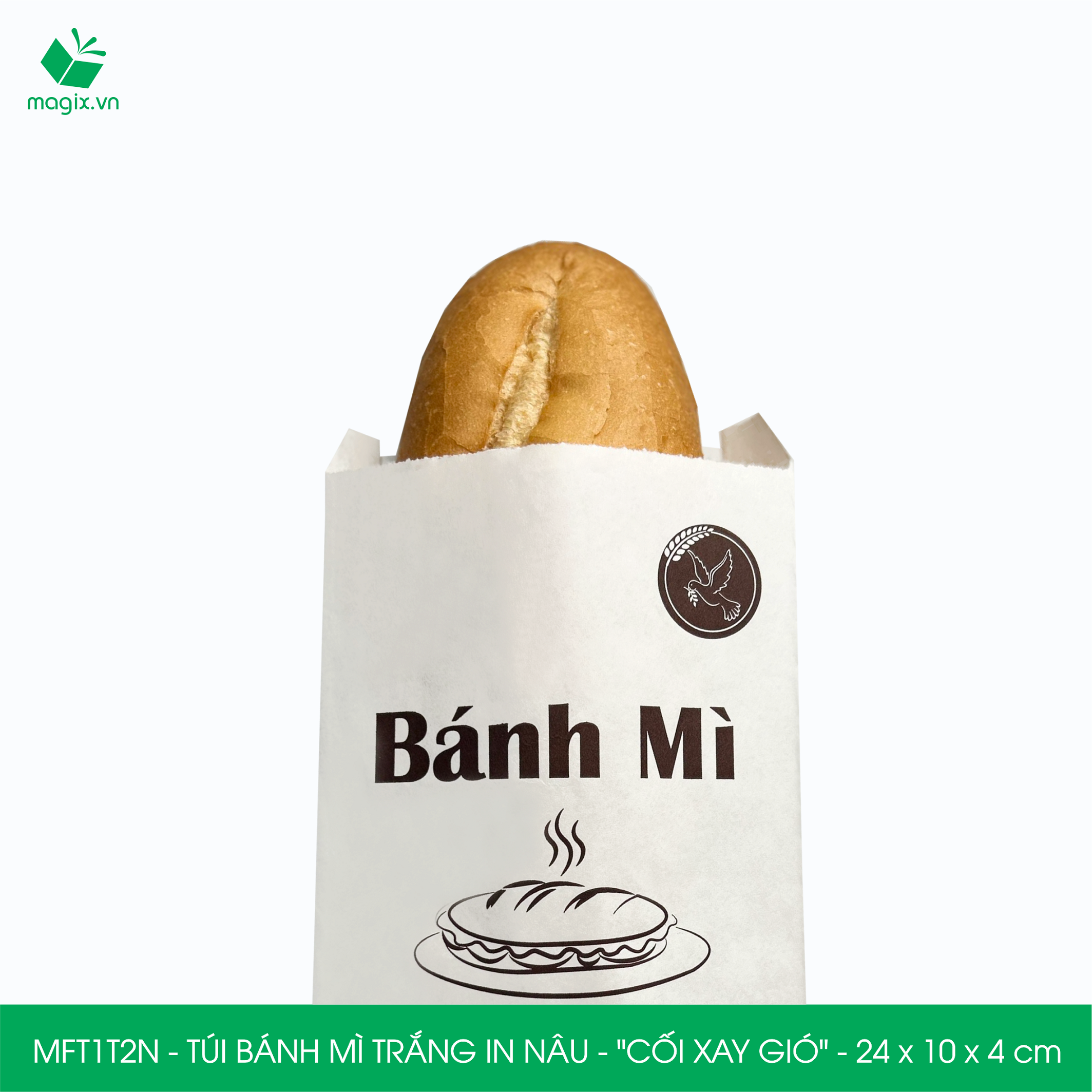 MFT1T2N - 24x10x4 cm - 200 Túi bánh mì Trắng, in sẵn họa tiết CỐI XAY GIÓ - Bao bánh mì Túi giấy thực phẩm an toàn