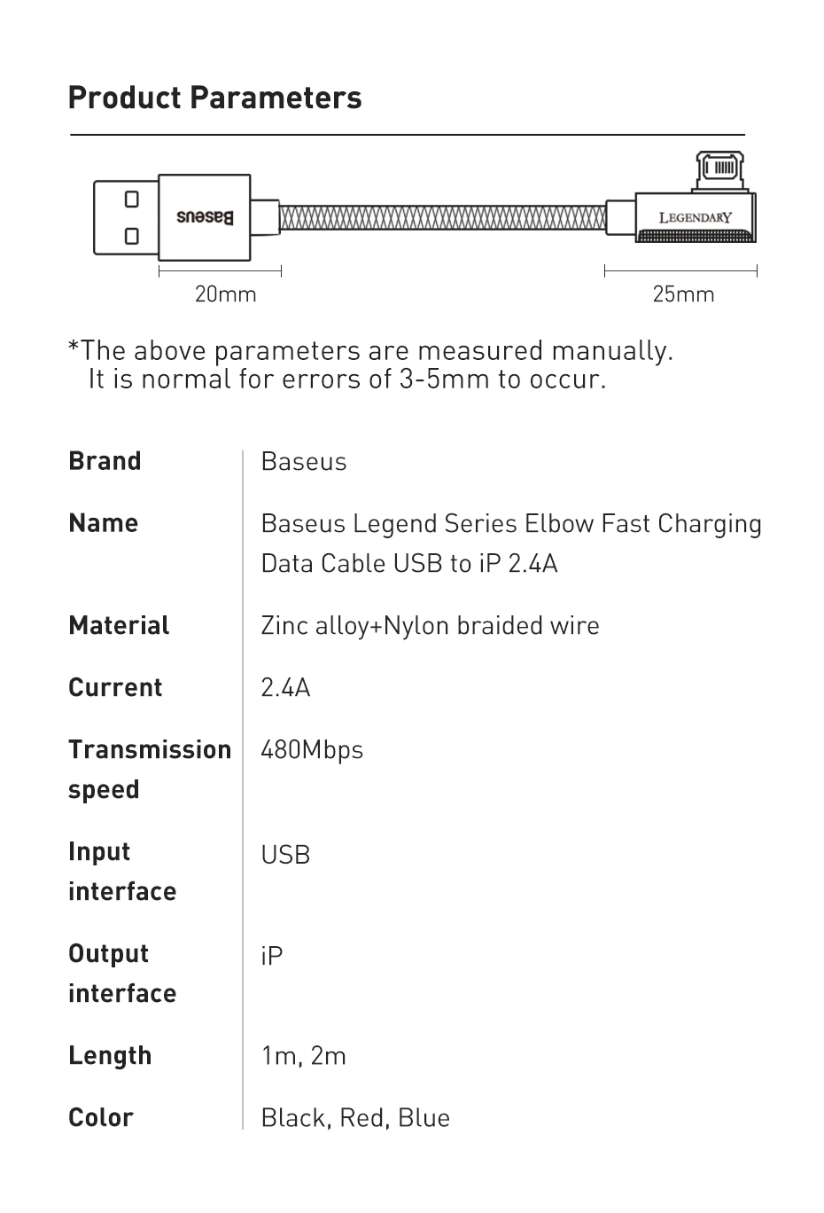 Cáp sạc dành cho iP dòng 2.4A dây gập Baseus Legend Series model CALCS-01 - Hàng chính hãng