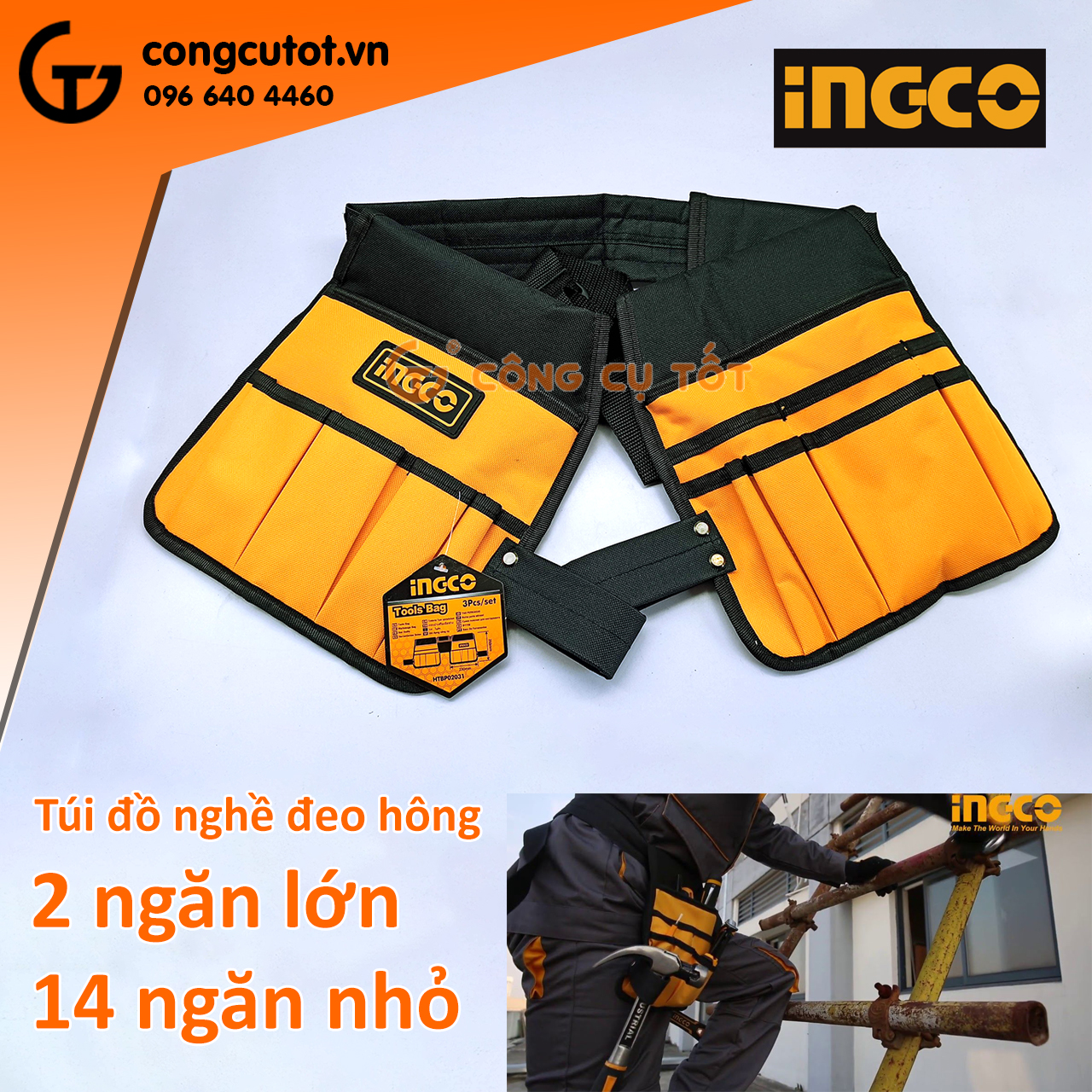 Túi đồ nghề đeo hông 2 ngăn lớn 14 ngăn nhỏ Ingco HTBP02031