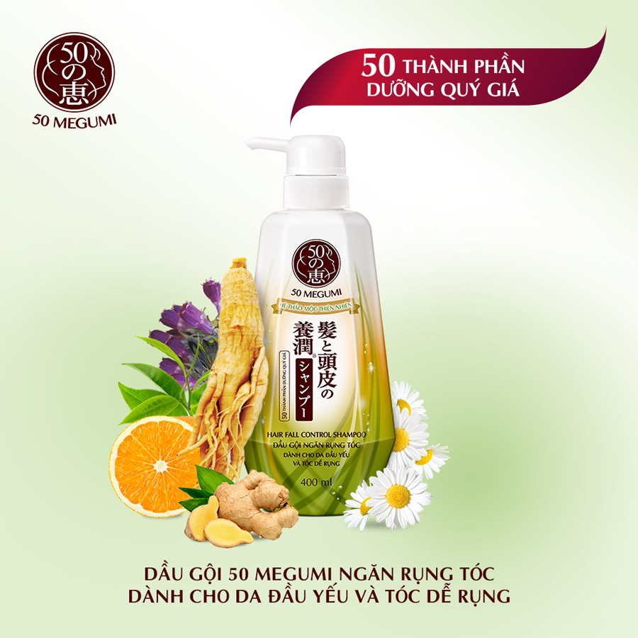 Combo 01 Tinh chất dưỡng và ngăn rụng tóc 50 Megumi Hair Essence 30 ml + 01 dầu gội ngăn rụng tóc 50 Megumi Hair Fall Control Shampoo 250 ml