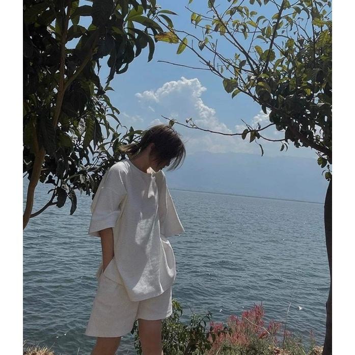 Set Trơn Tổ Ong Cộc Tay Nữ-Bộ quần short đùi áo form rộng tay lỡ, sooc phông mặc ở nhà Ulzzang