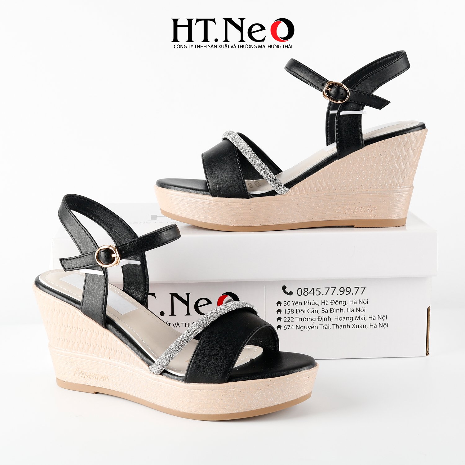 Sandal nữ đế xuồng HT.NEO cao 8p đai đính đá vắt chéo độc đáo, da cao cấp SDN148