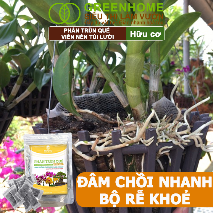 Phân Trùn Quế Viên Nén Greenhome, Lavamix, Túi lưới, Dinh Dưỡng Hữu Cơ, Không Mùi, Tốt Cho Lan, Bonsai, Rau