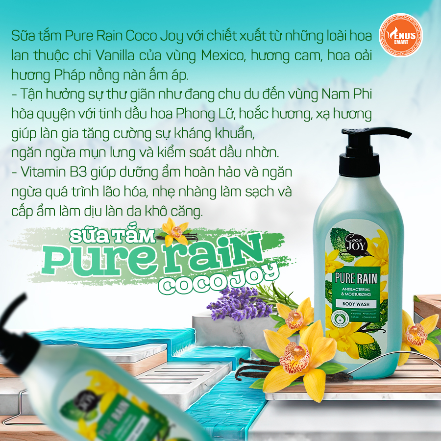 Sữa tắm kháng khuẩn và dưỡng ẩm hương nước hoa Cocojoy Pure Rain chiết xuất hoa lan Vanilla, Lavender, hương cam 6g, 500g, 900g