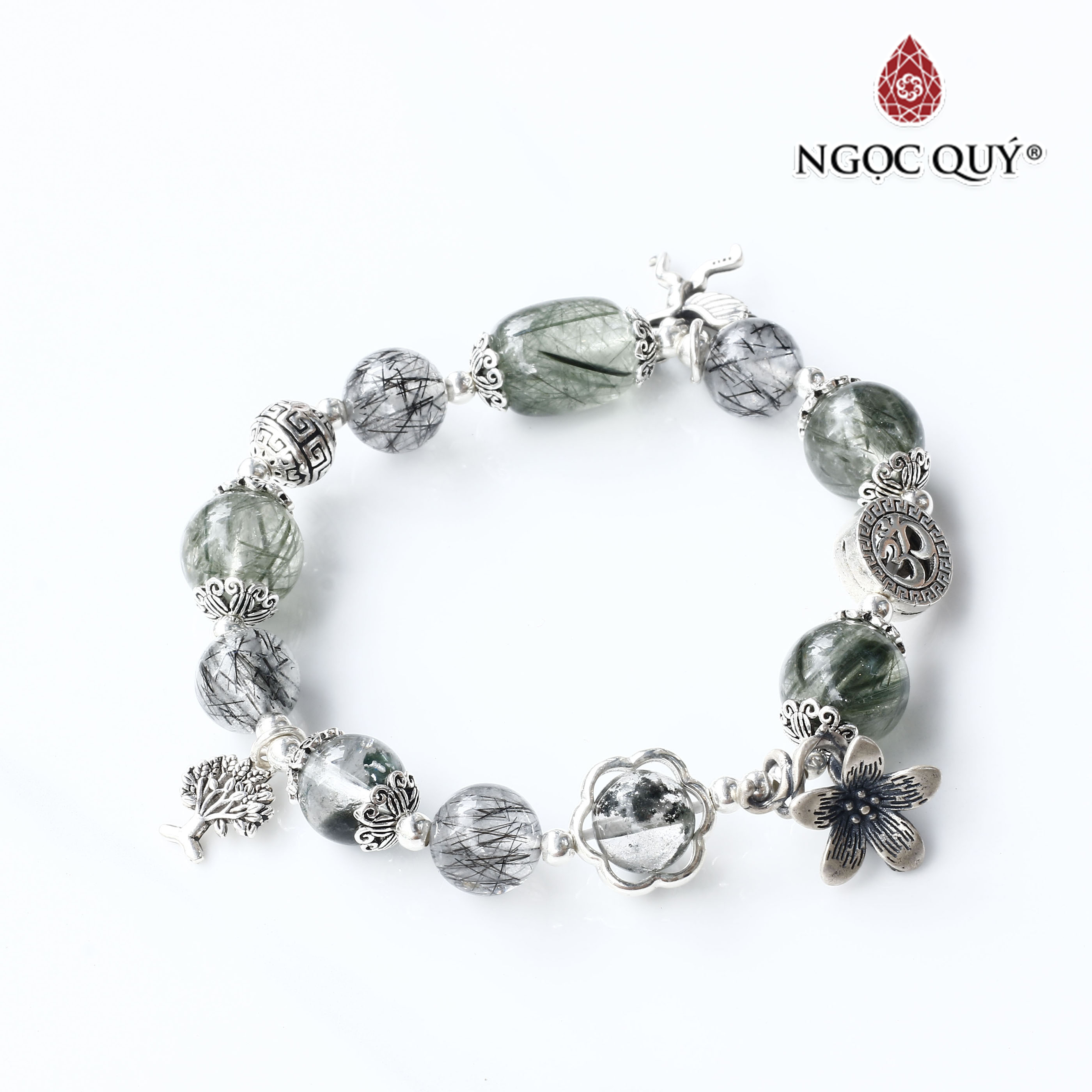 Vòng tay đá thạch anh tóc đen phối hạt hình lu thống tóc xanh charm bạc chữ OM - Ngọc Quý Gemstones