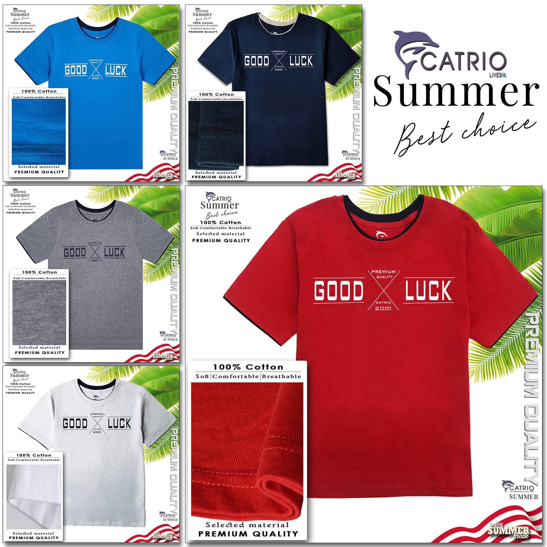 ÁO THUN BÉ TRAI NGẮN TAY CATRIO in GOODLUCK là áo phông trẻ em từ 9T..18 tuổi màu NAVY