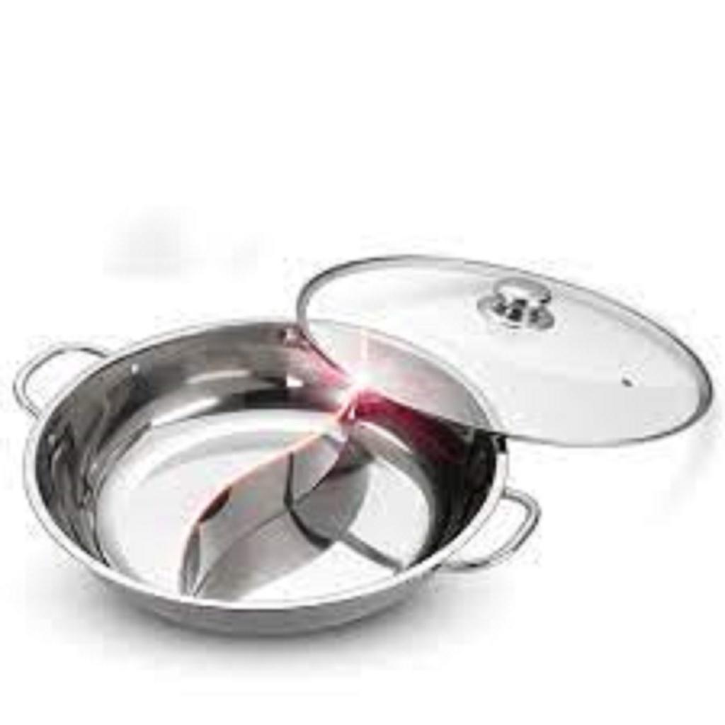 Nồi lẩu 2 ngăn loại 26 cm và 28 cm bằng Inox 430 nắp kính dùng được cả bếp Hồng ngoại và bếp Từ
