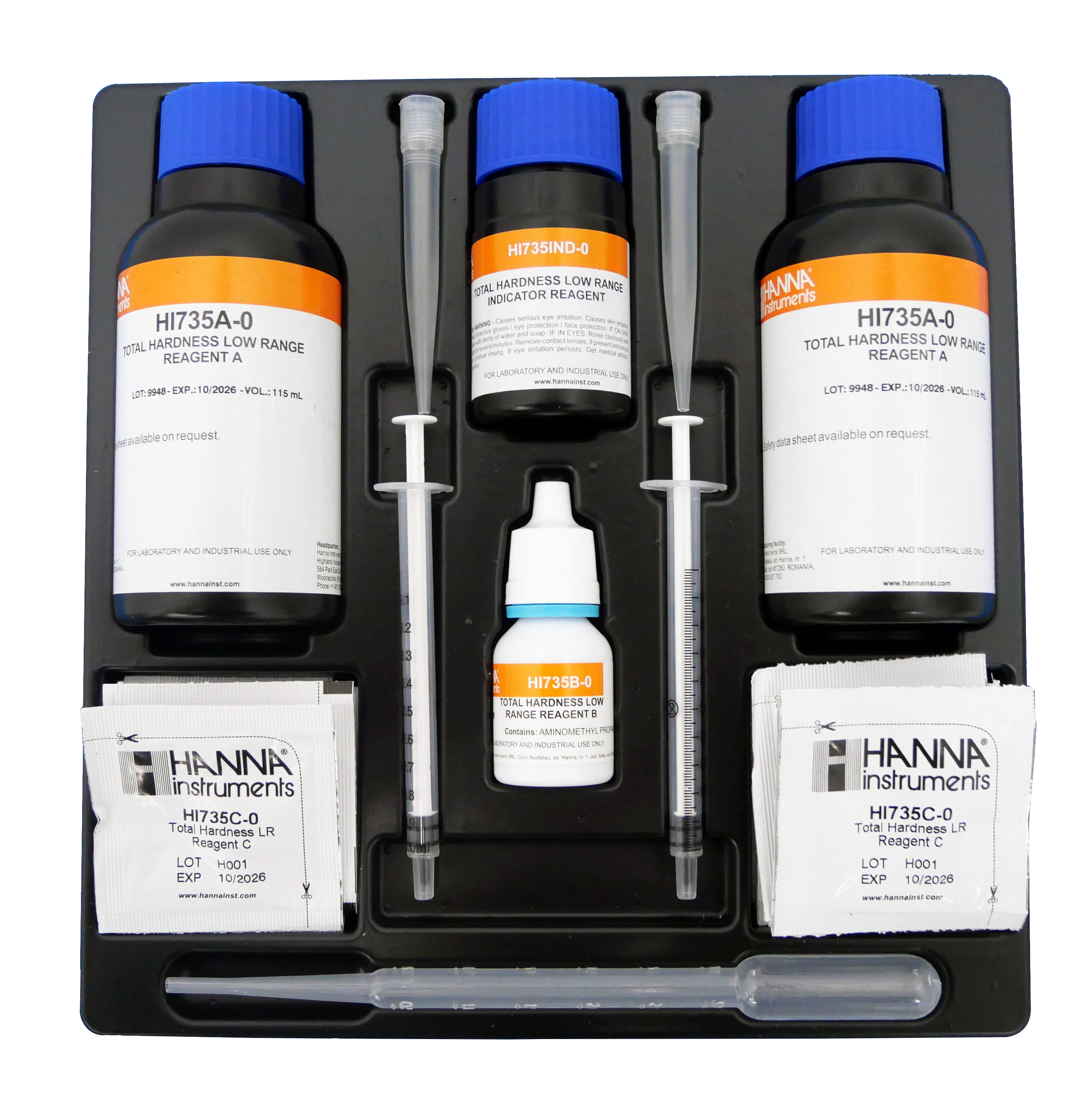 Hộp Chất Thử Độ Cứng Tổng Thang Thấp Trong Nước Sạch từ 0 đến 350 mg/L CaCO3. Dùng Cho Checker Hanna HI735 , Định Lượng 25 Lần Đo - HANNA HI735-25