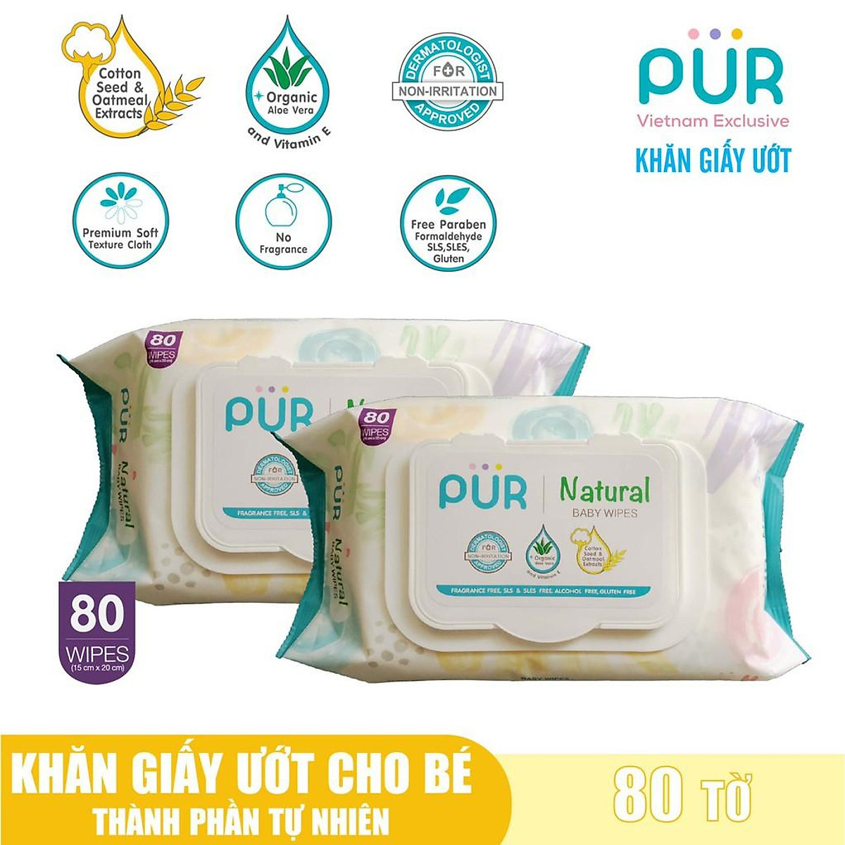 Combo 2 gói Khăn giấy ướt Pur 80 tờ thành phần tự nhiên cho bé