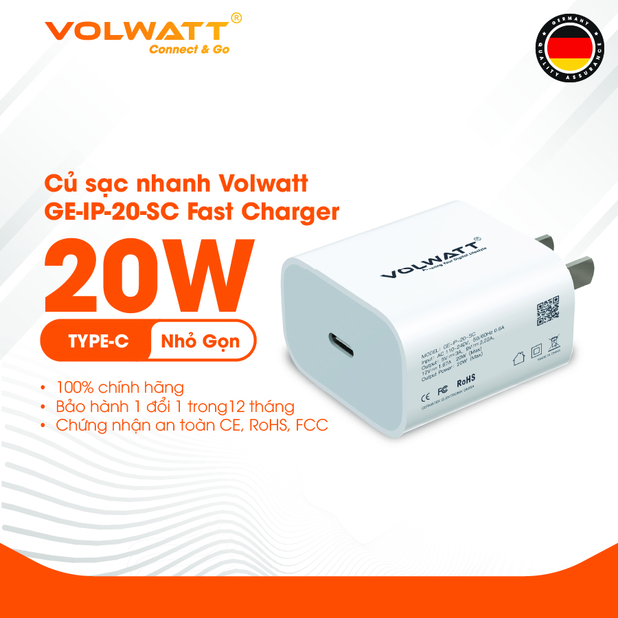 Củ sạc nhanh 20W Volwatt GE-IP-20-SC Hỗ trợ sạc nhanh Type C PD dành cho iPhone / iPad / Smartphone Android - Công nghệ PD 3.0 QC 3.0 - Hàng chính hãng - BH 12 tháng