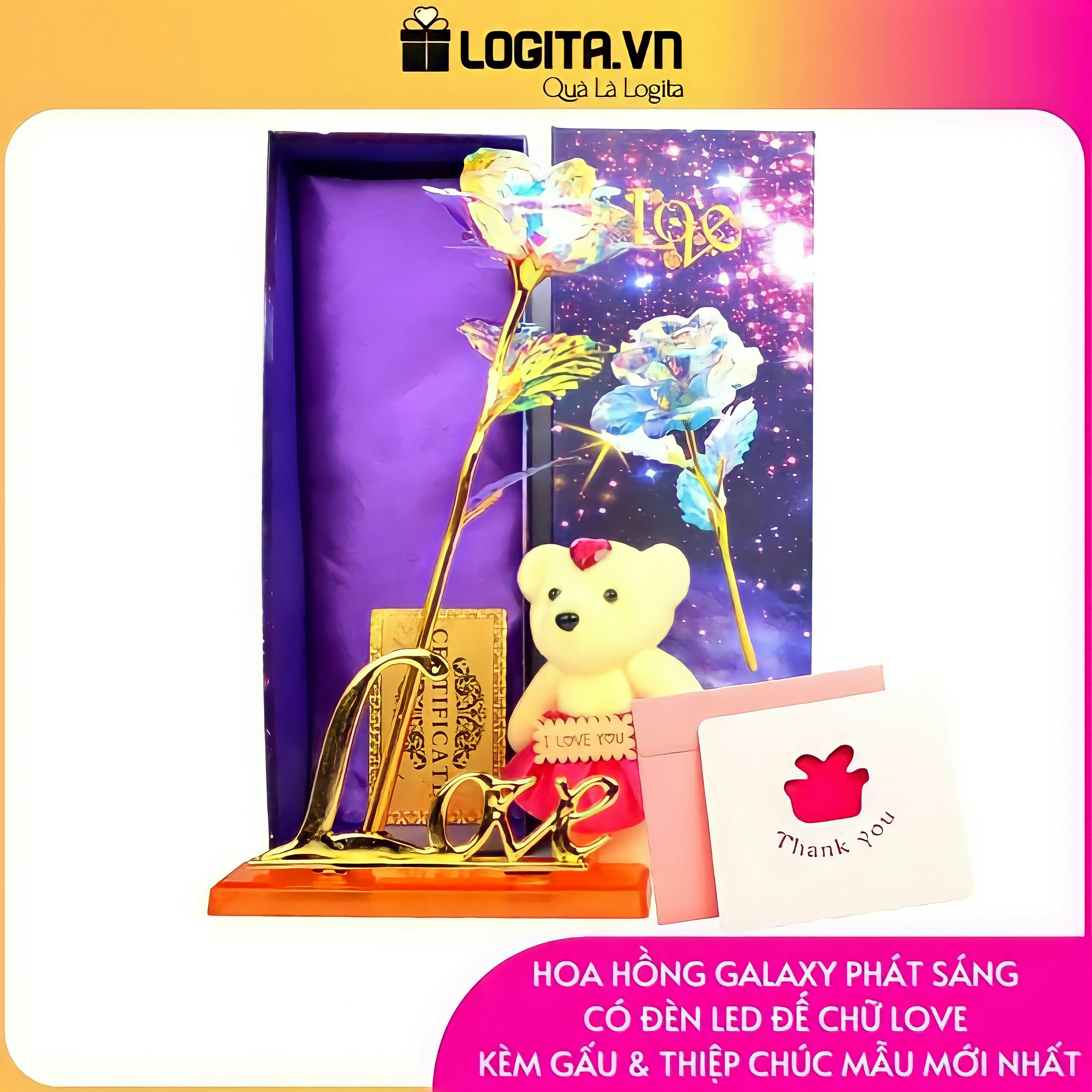 Quà Valentine, Quà 8/3 Tặng Vợ, Quà Sinh Nhật Ý Nghĩa Tặng Bạn Gái - Hoa Hồng Galaxy Phát Sáng Golden Rose Có Đèn Led Đế Love Kèm Gấu Bông Nhỏ Và Thiệp Chúc Mừng (New Version)