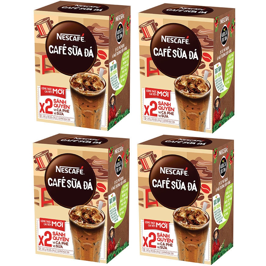 Combo 4 hộp cà phê hòa tan Nescafé 3in1 cà phê sữa đá (Hộp 10 gói x 24g) [Tặng túi du lịch - màu ngẫu nhiên]