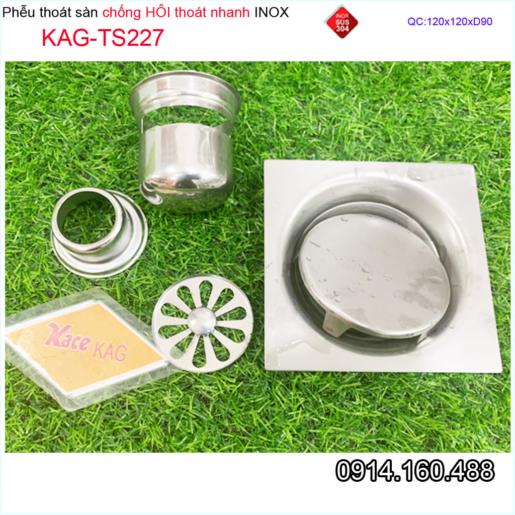 Thoát sàn ban công KAG-TS227 vuông 12x12cm ống D90, thoát sàn vách tắm đứng chống hôi phễu thu nước sang trọng sử dụng tốt