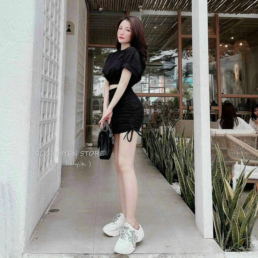 Sét bộ cotton áo cổ tròn croptop kèm chân váy rút dây y hình
