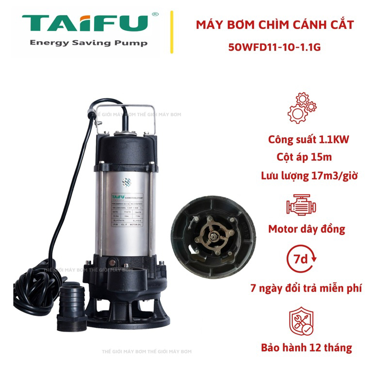 Máy bơm chìm nước thải cắt rác 1.1Kw  Thân inox 304 TAIFU 50WFD11-10-1.1G - Bảo hành 1 năm