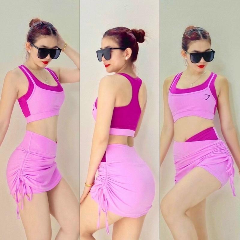 Set bộ tập áo bra váy rút dây phối màu hit hot tập gym, aerobic,thể dục,đi bơi nữ