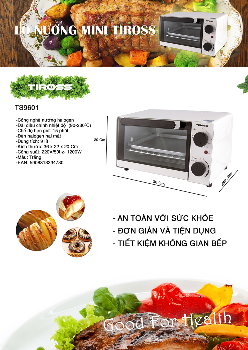 Lò Nướng Halogen Tiross TS9601 - 9L - Hàng chính hãng